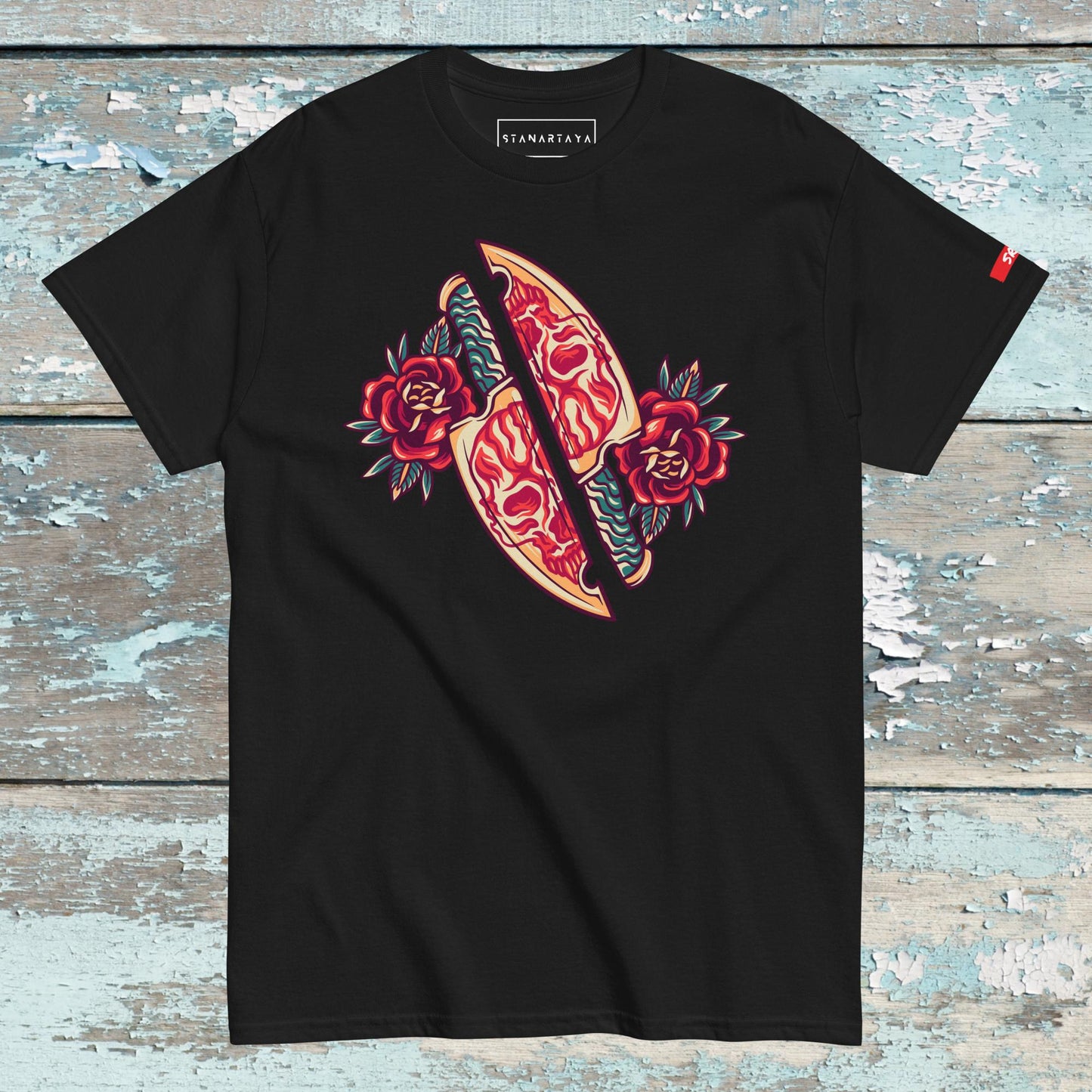 Skull Knife and Roses Retro Tee