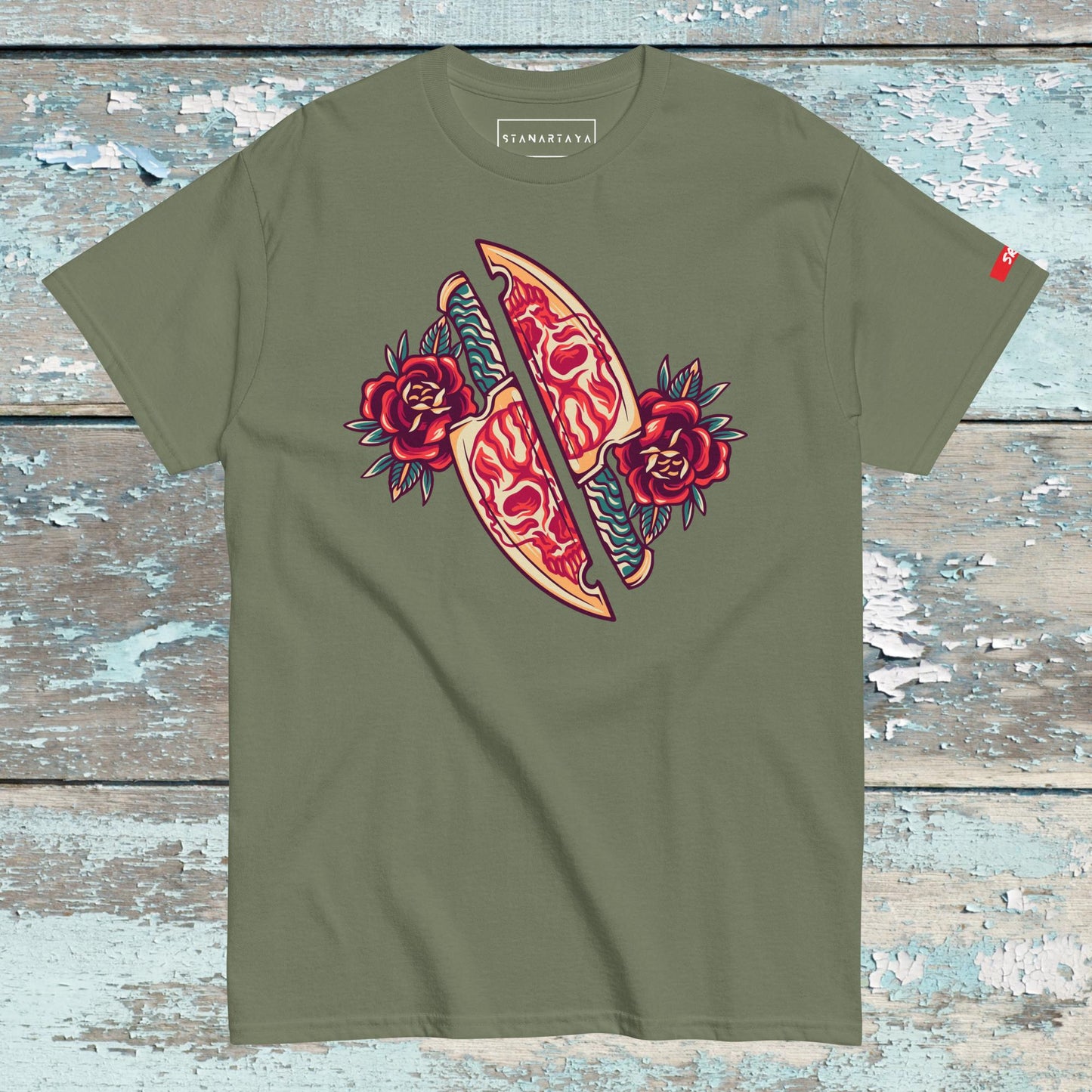 Skull Knife and Roses Retro Tee