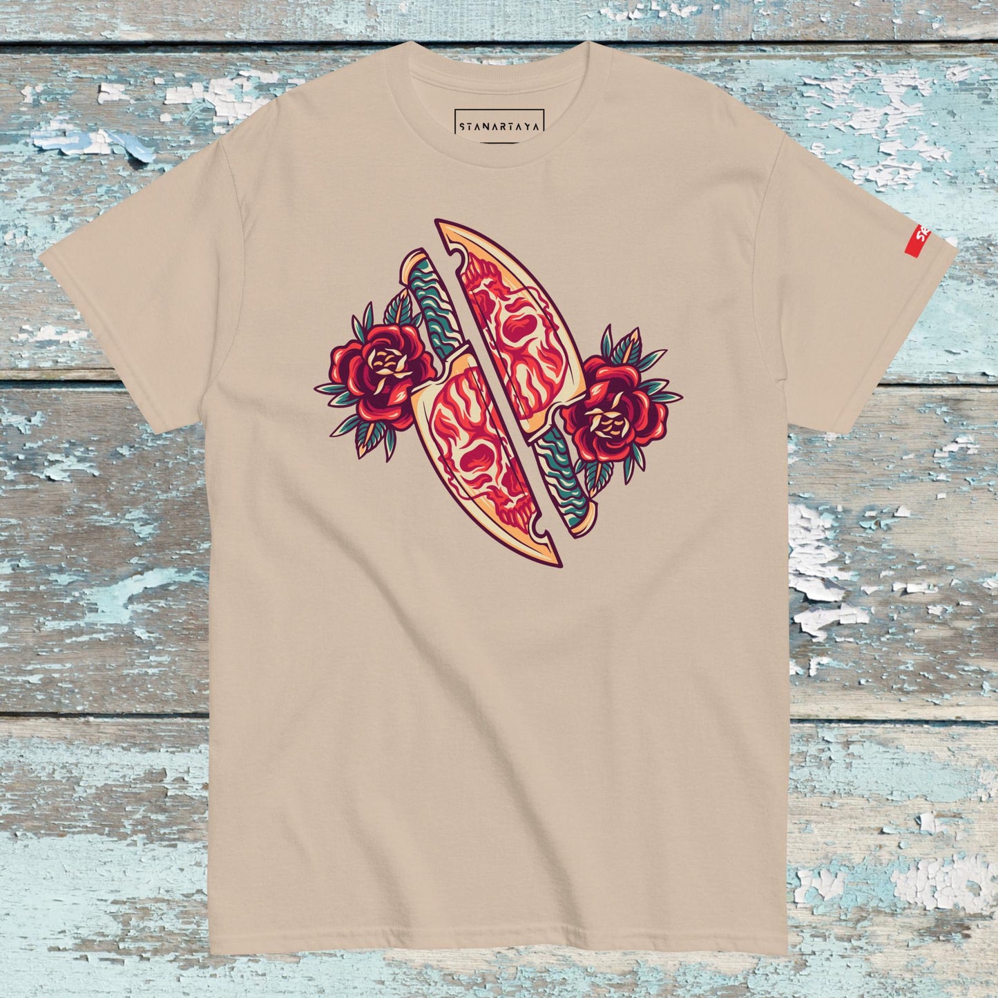 Skull Knife and Roses Retro Tee