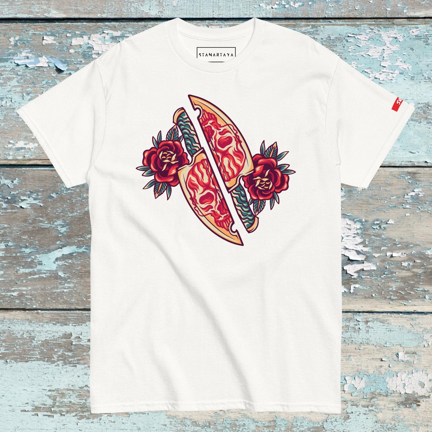Skull Knife and Roses Retro Tee